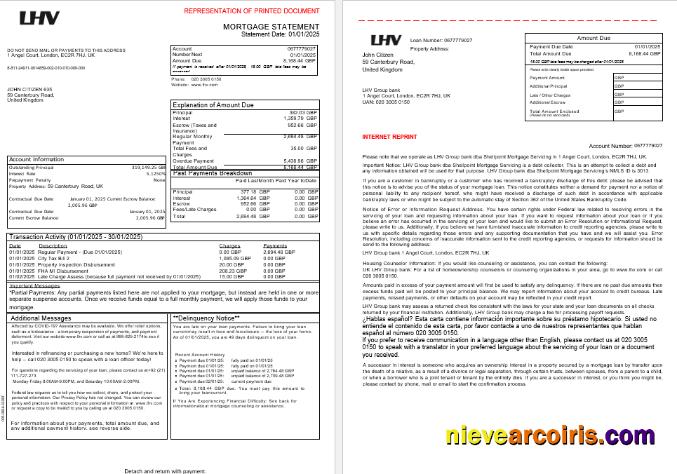 United Kingdom LHV Group bank mortgage statement, 3 pages 1-2